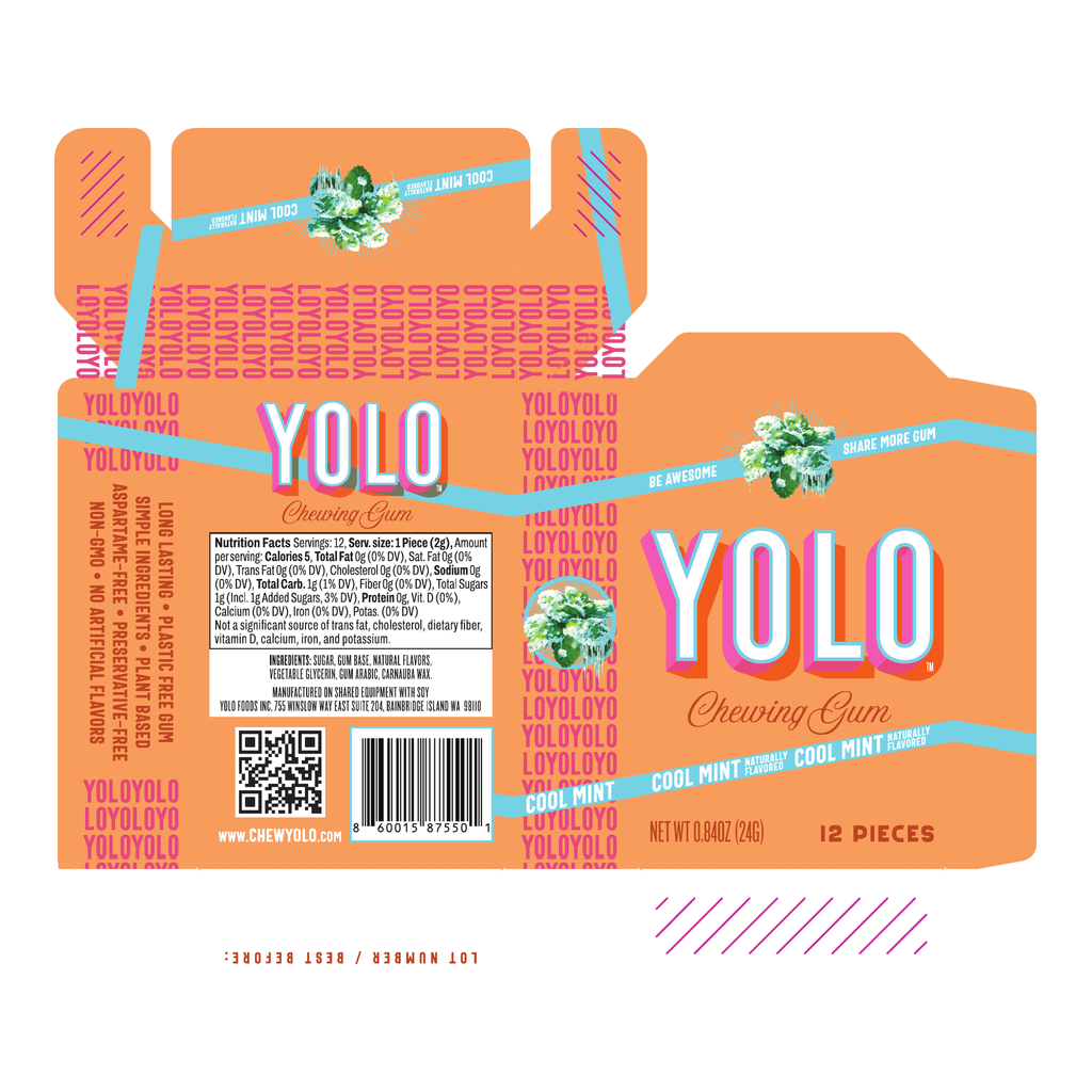 YOLO Gum Cool Mint carton with ingredients and nutrition panel