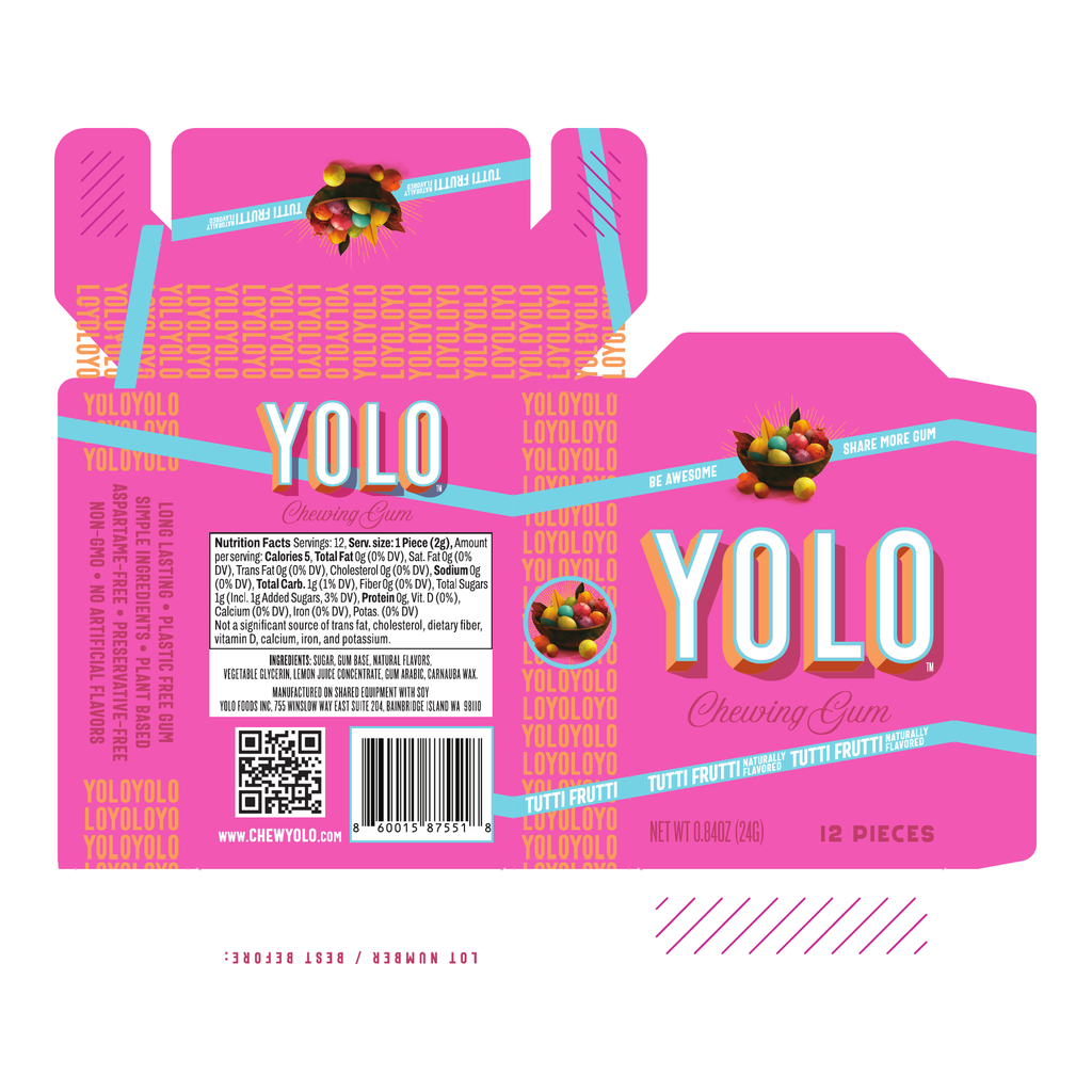 YOLO Gum Tutti Frutti carton with ingredients and nutrition panel