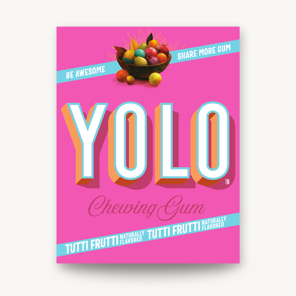 Front of the YOLO Gum Tutti Frutti box showing flavor and branding